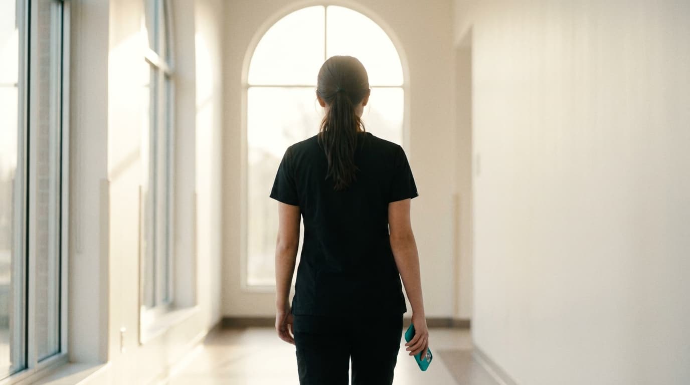 A surgical technology student in black scrubs walking down a bright hospital corridor, a teal phone in her hand
