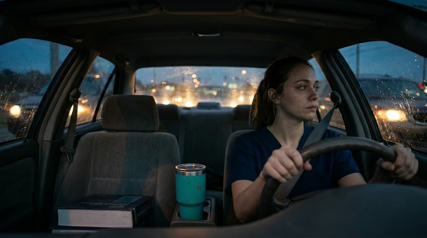 A surgical technology student in scrubs driving at dusk, a teal travel mug and textbook beside her