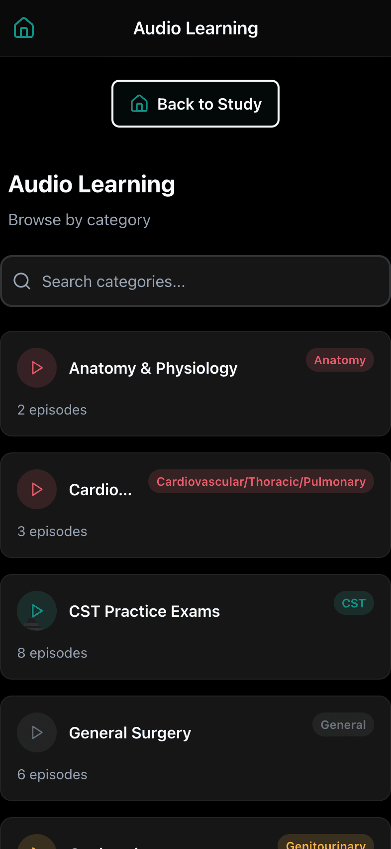 PrepLift audio library showing a color-coded list of audio categories you can listen to away from a screen