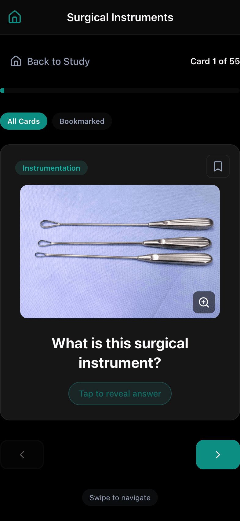 PrepLift visual flashcard asking to identify a surgical instrument from a real photo