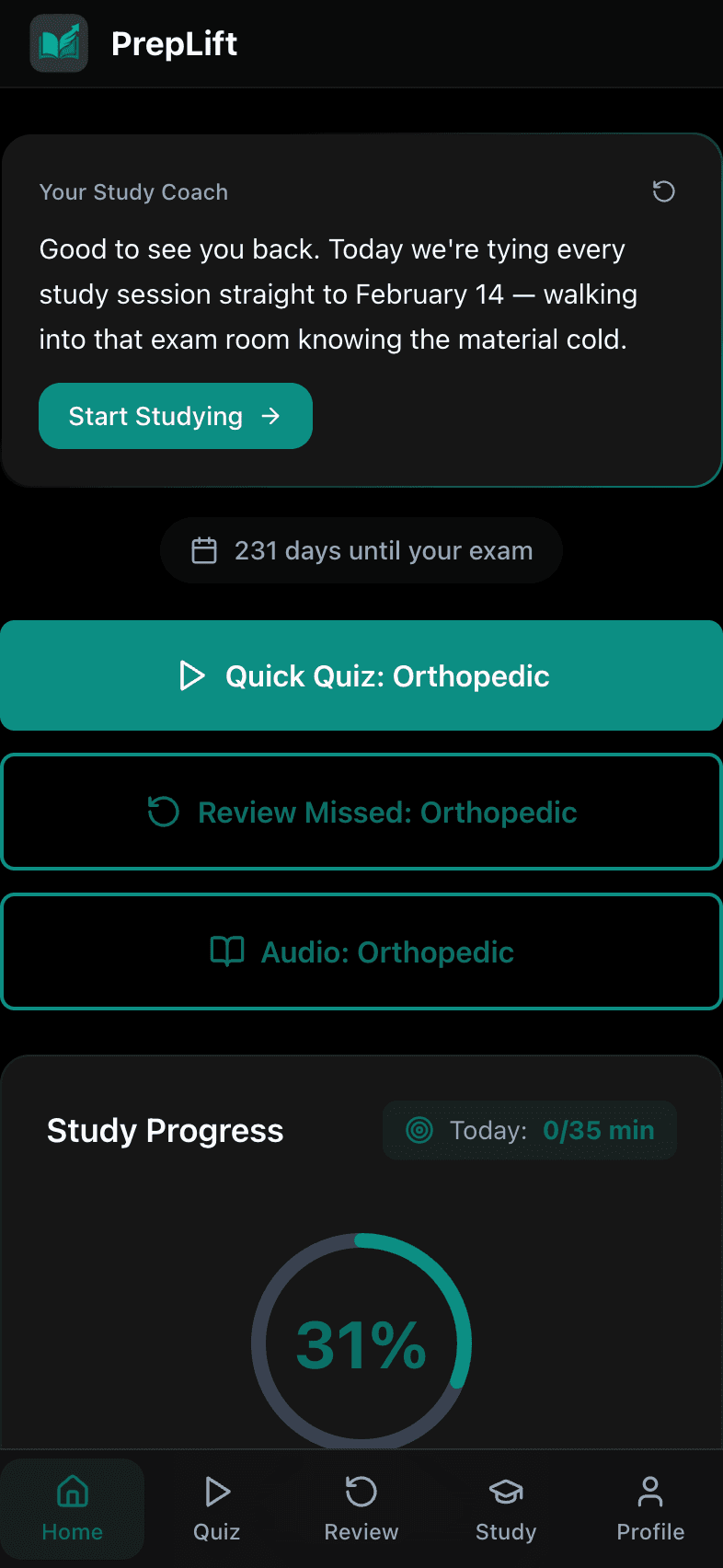 PrepLift mobile dashboard showing the personalized Study Coach briefing, an exam countdown, quick study actions, and a study-progress ring
