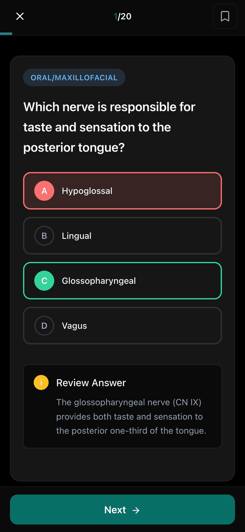 PrepLift quiz screen showing an oral/maxillofacial question with the wrong choice marked in red, the correct answer in green, and a Review Answer rationale