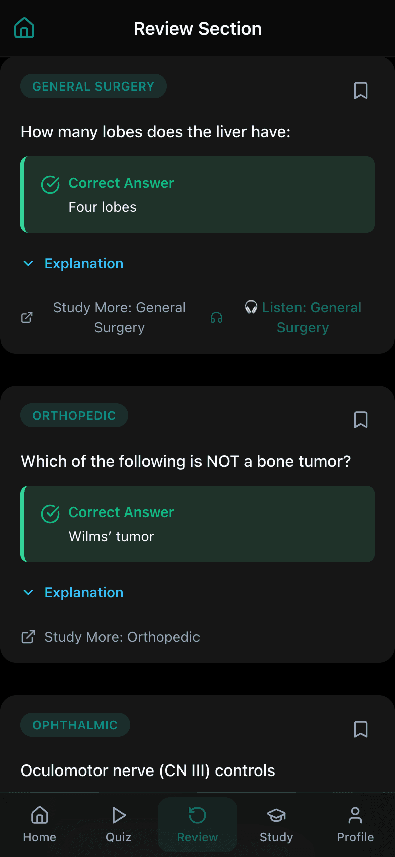 PrepLift Review Section showing previously missed questions with the correct answer, an Explanation toggle, and Study More and Listen actions
